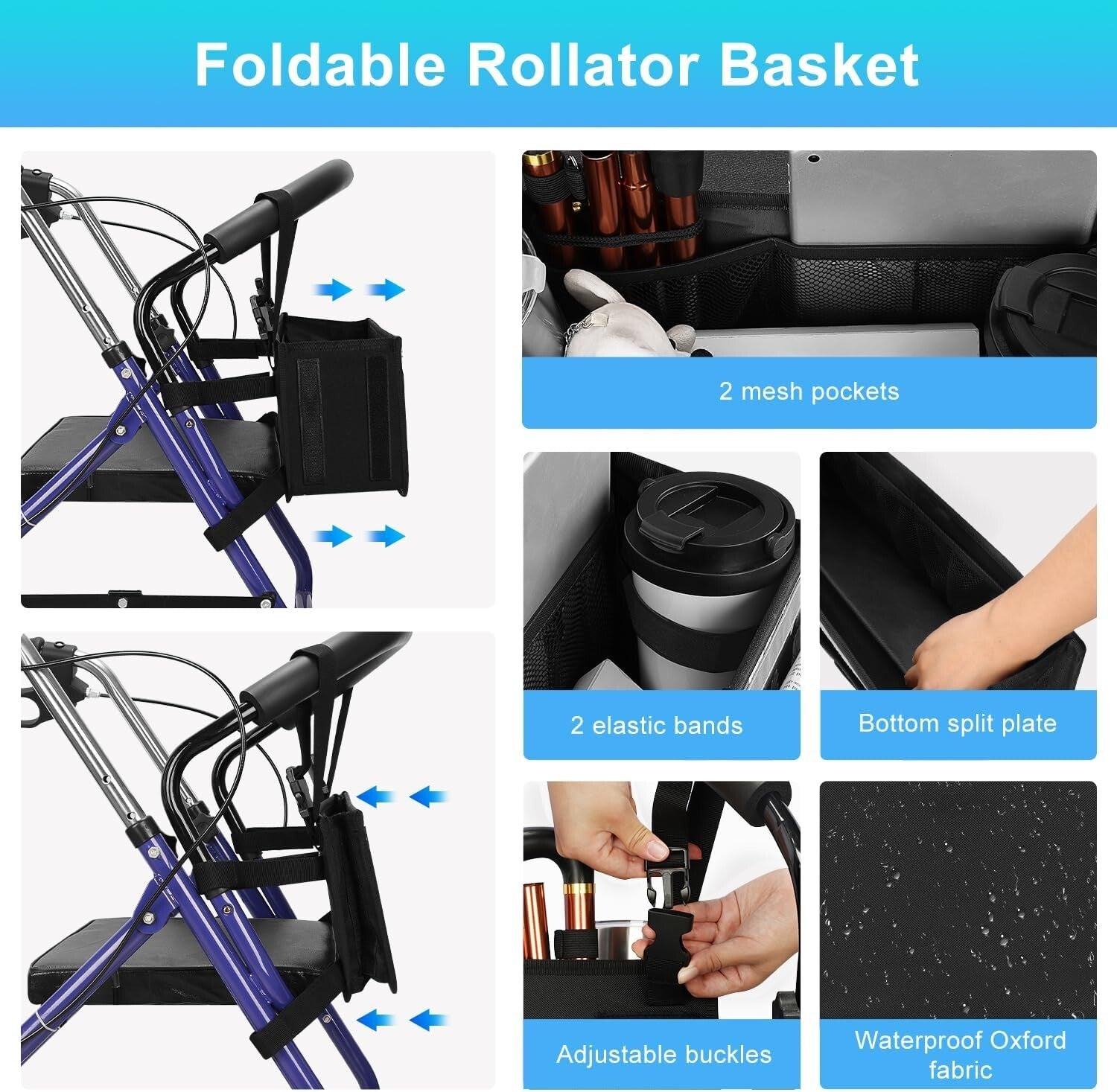 Rollator Basket Large Capacity Walker Accessories Organizer Bag with Multiple