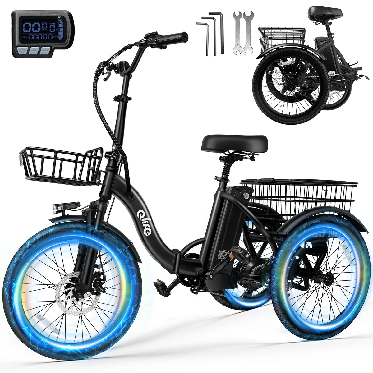 Qlife Electric Folding Tricycle for Adults, Peak 750W Brushless Motor Folding Trike Ebike 468Wh Removable Battery, Step-Thru 3 Wheel Electric Bicycle, up to 50 Miles UL2849 Orange