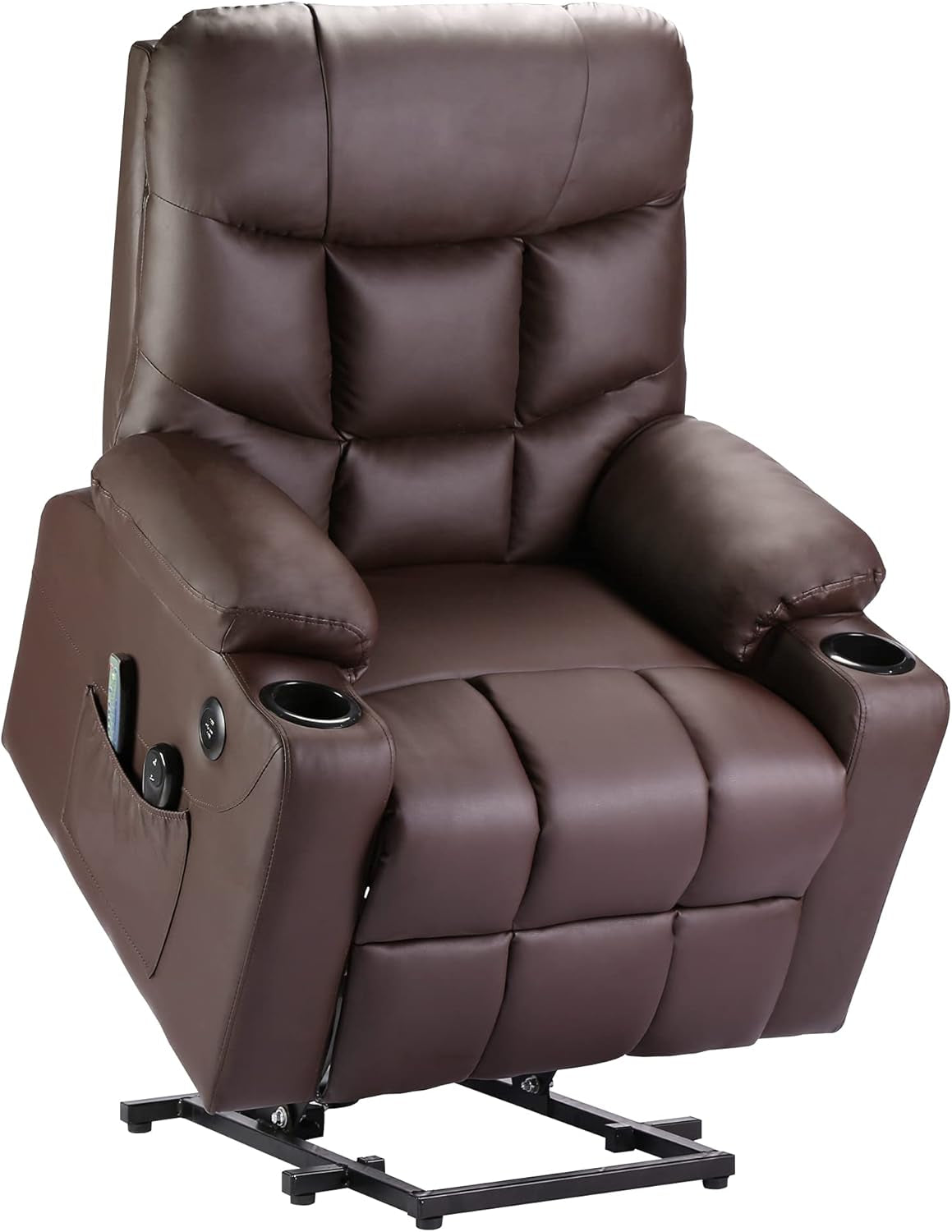 Power Lift Massage Recliner Chair, OKIN Motor Heat and Vibration for Elderly, PU Living Room Sofa Chair with Remote Control, USB Charge Port and Cup Holders