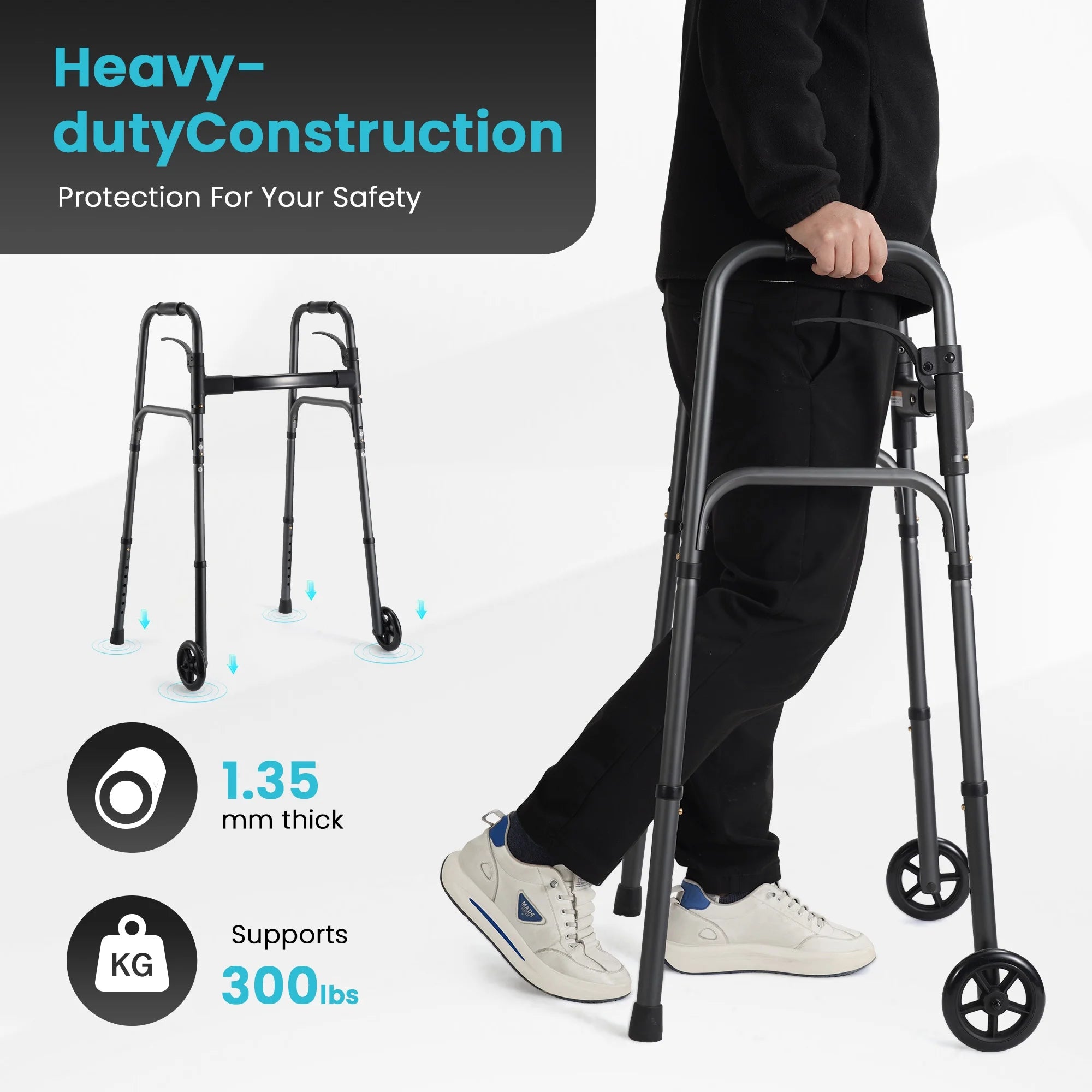 Compact Folding Walker for Seniors & Adults, Deluxe Lightweight Mobility Aids Walker with 5" Wheels and Trigger Release up to 300 Lbs, Aluminium