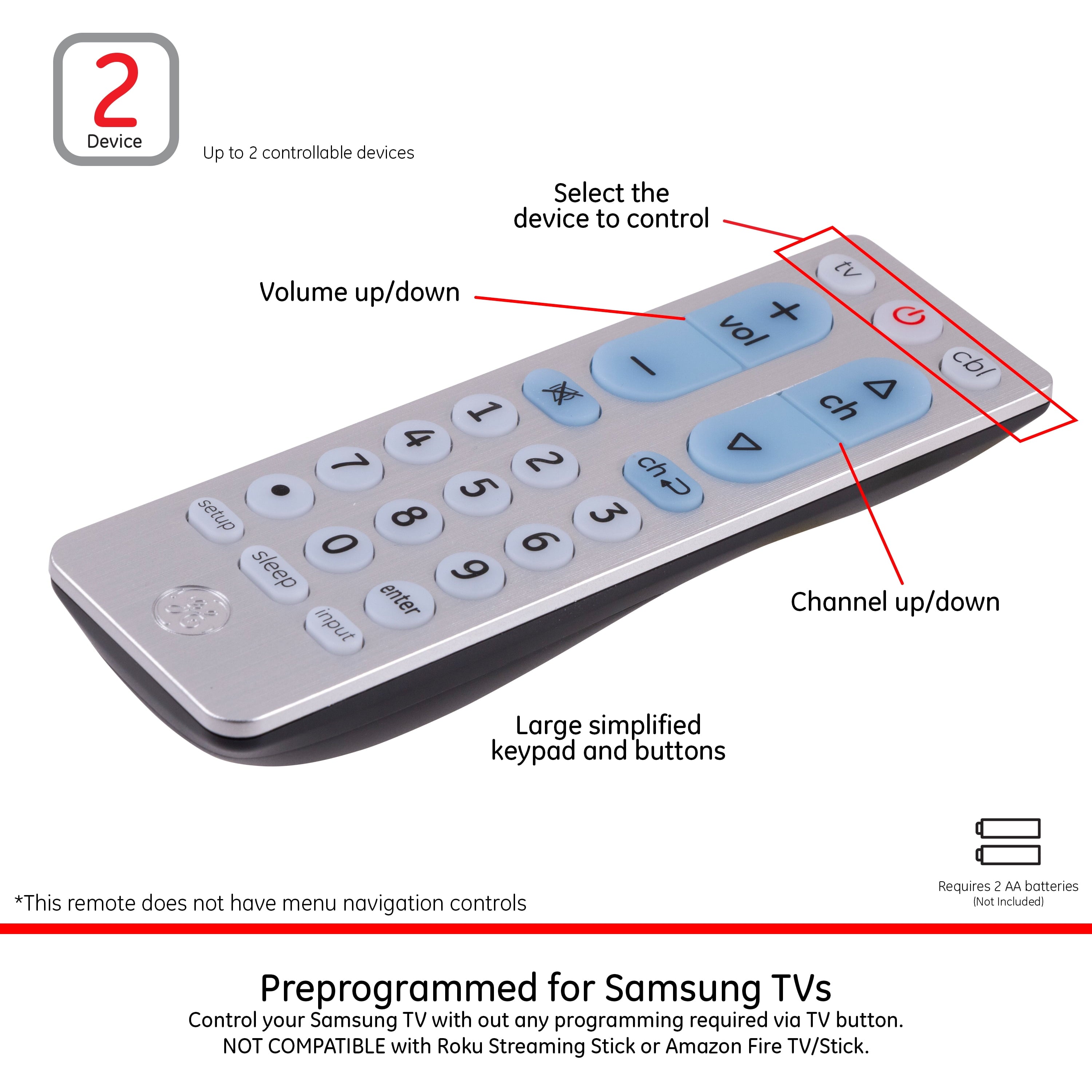 2-Device Big Button Universal TV Remote Control in Silver, 69882