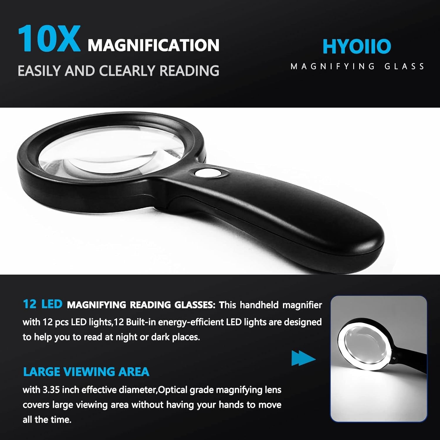 10X Magnifying Glass with 12 LED Lights - Large Lighted Magnifying Glass for Reading, Inspection, Coins, Jewelry, Exploring