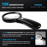 10X Magnifying Glass with 12 LED Lights - Large Lighted Magnifying Glass for Reading, Inspection, Coins, Jewelry, Exploring