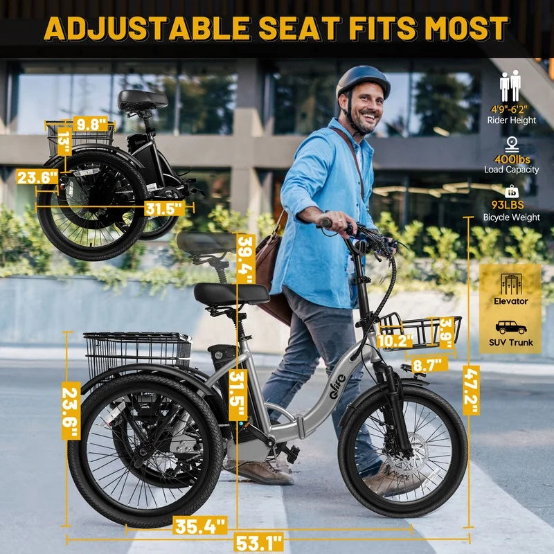 Qlife Electric Folding Tricycle for Adults, Peak 750W Brushless Motor Folding Trike Ebike 468Wh Removable Battery, Step-Thru 3 Wheel Electric Bicycle, up to 50 Miles UL2849 Orange