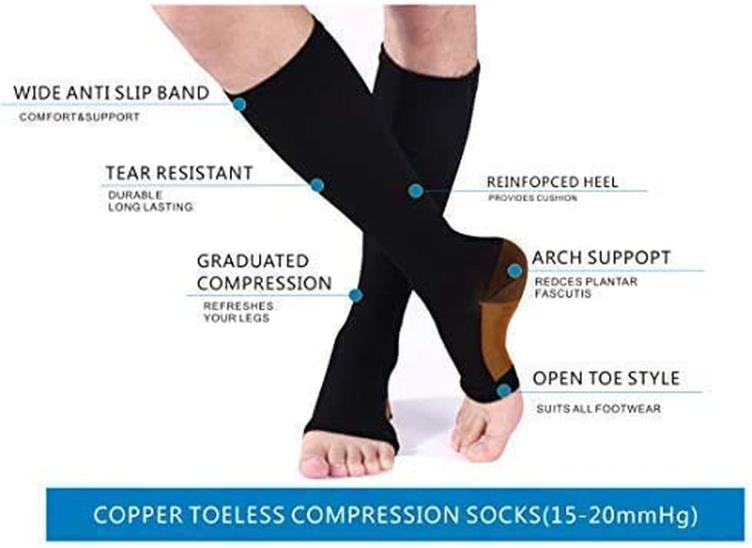 3Pairs Open Toe Toeless Compression Socks(15-20Mmhg) for Men and Women Support Stocking (Black, L/XL)