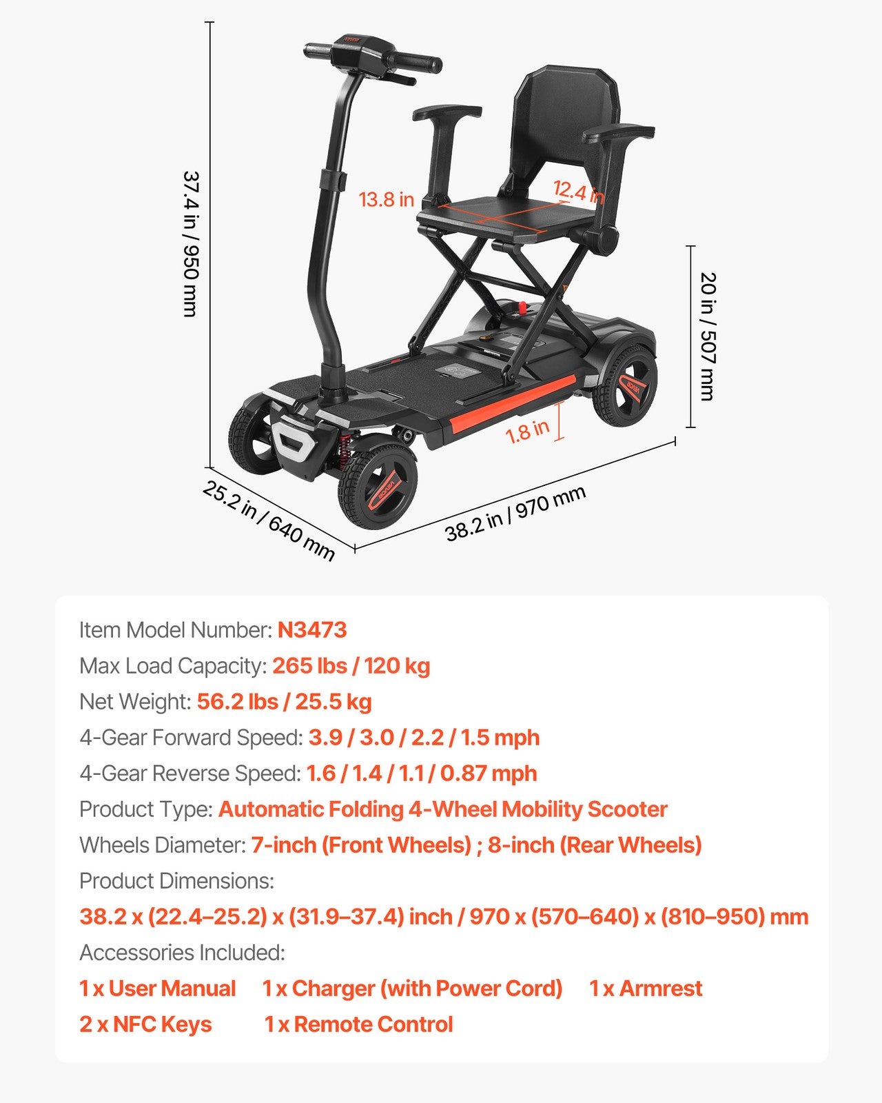 VEVOR 4-Wheel Electric Mobility Scooter Auto Folding Scooter with Remote Control