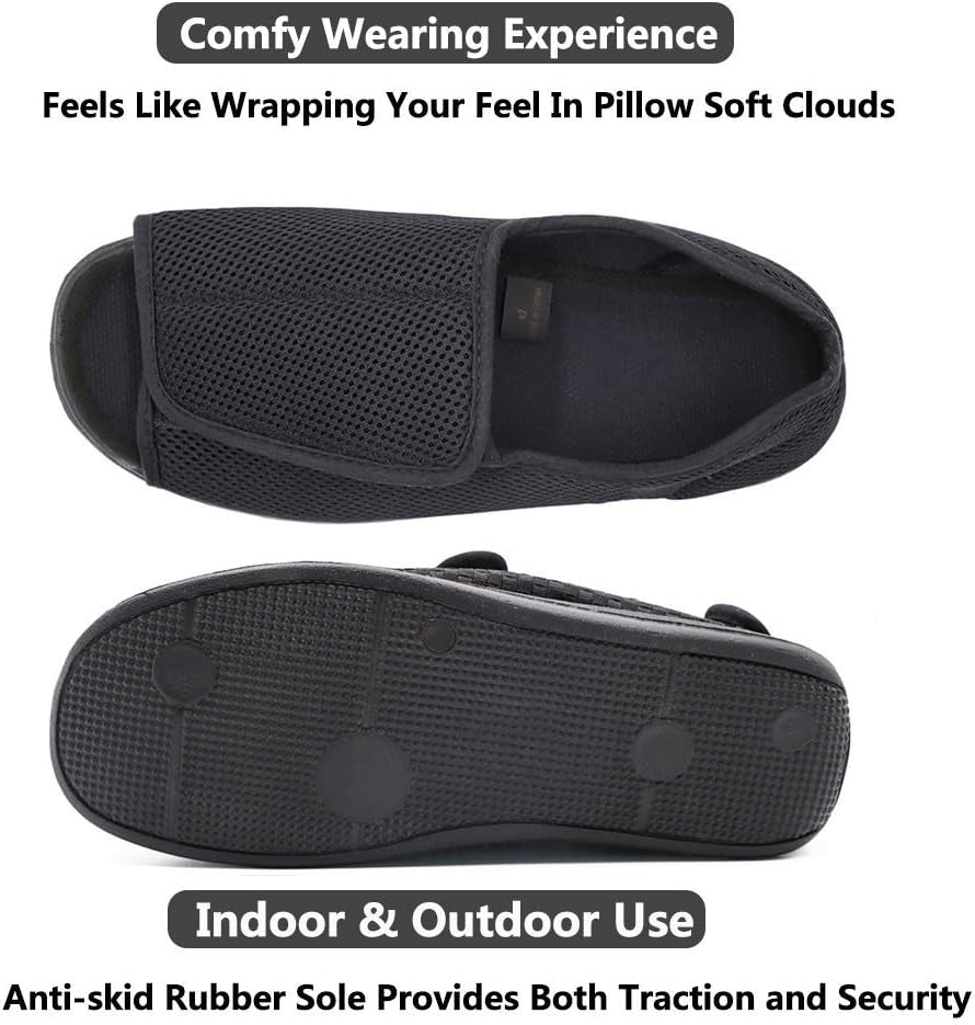 Men'S Open Toe Diabetic Recovery Slippers, Adjustable Orthopedic Wide Width Walking Shoes for Arthritis Edema Swollen Feet Elderly Men