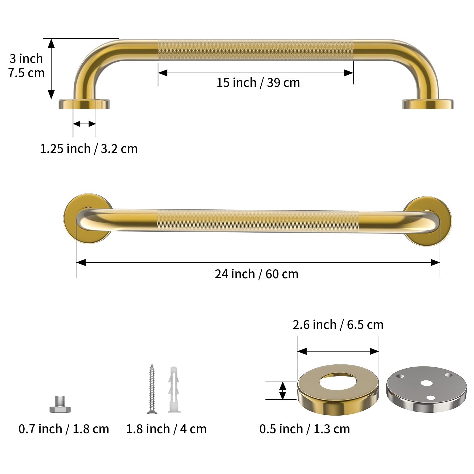 Gold Shower Grab Bar 24 Inch, Stainless Steel Anti-Slip Bathroom Grab Bar W/K...
