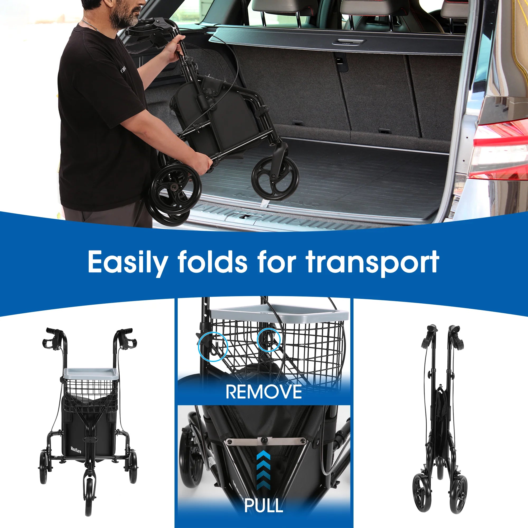 3-Wheel Rolling Walker for Seniors Foldable Rollator Walker with Basket & Tray, 300Lbs Weight Capacity, Height Adjustable, Black