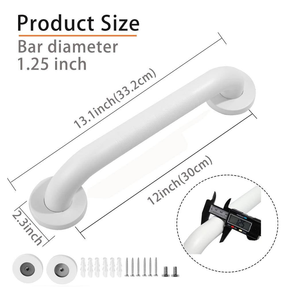 12 In. Shower Grab Bar in White, 304 Stainless Steel Anti-Slip Bathroom Grab Bar, Handicap Shower Grab Bar (2-Pack)
