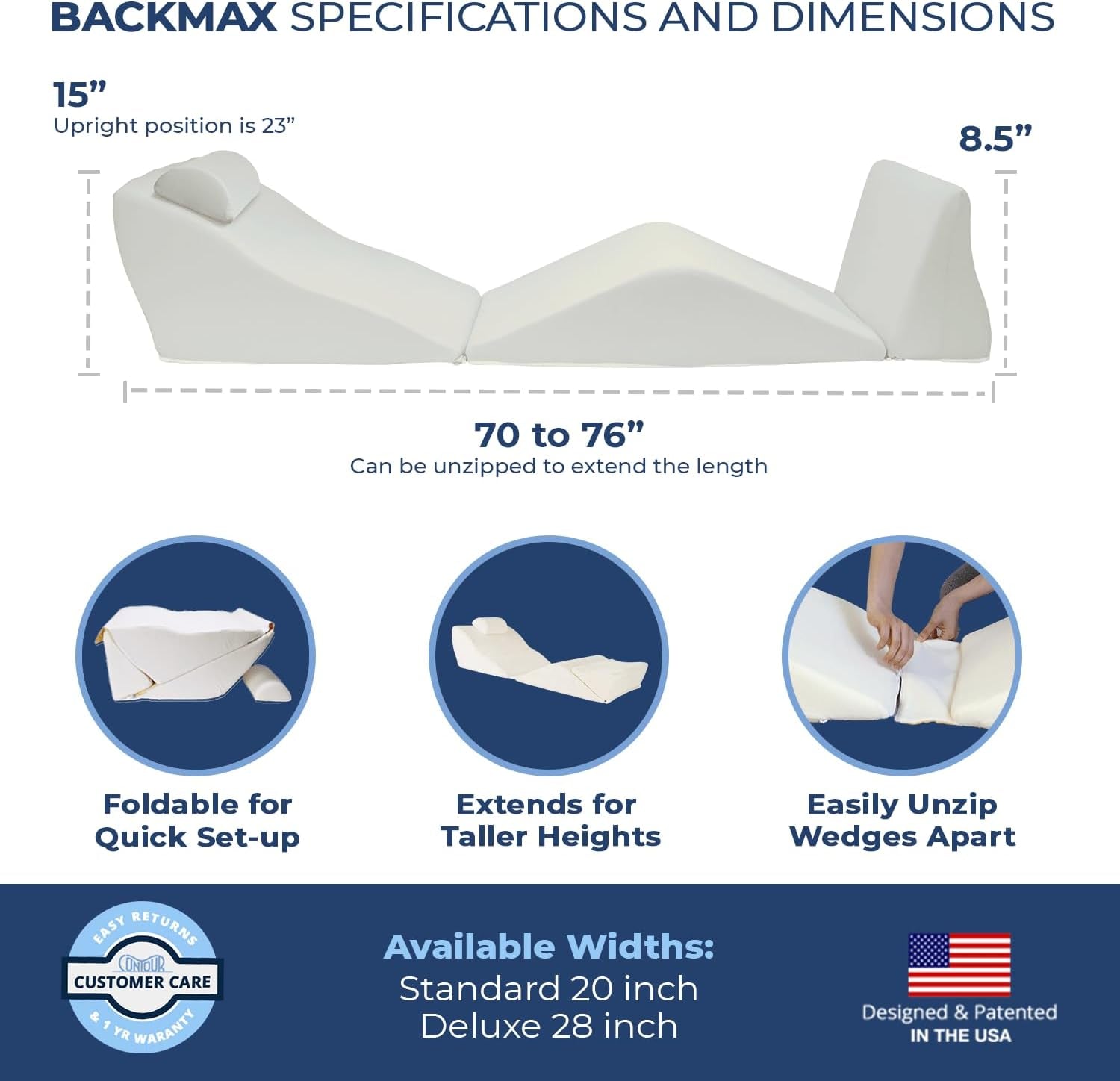 Backmax Foam Bed Wedge Sleep Support System | Sleeping Pillow Wedge and Leg Elevation Pillows | Mattress Wedge for Acid Reflux | Backrest Wedge Pillows for after Surgery (28-Inch Backmax Only)