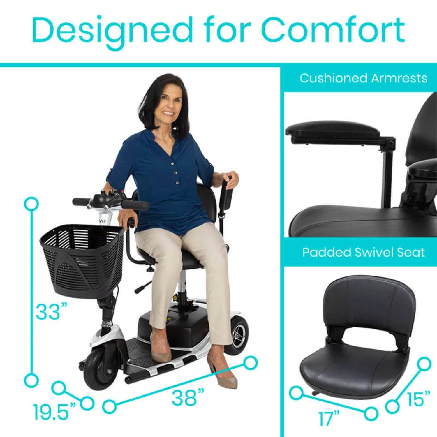 Vive 3-Wheel Mobility Scooter, Electric Powered Wheelchair for Travel - Electrical Medical Cart, Red