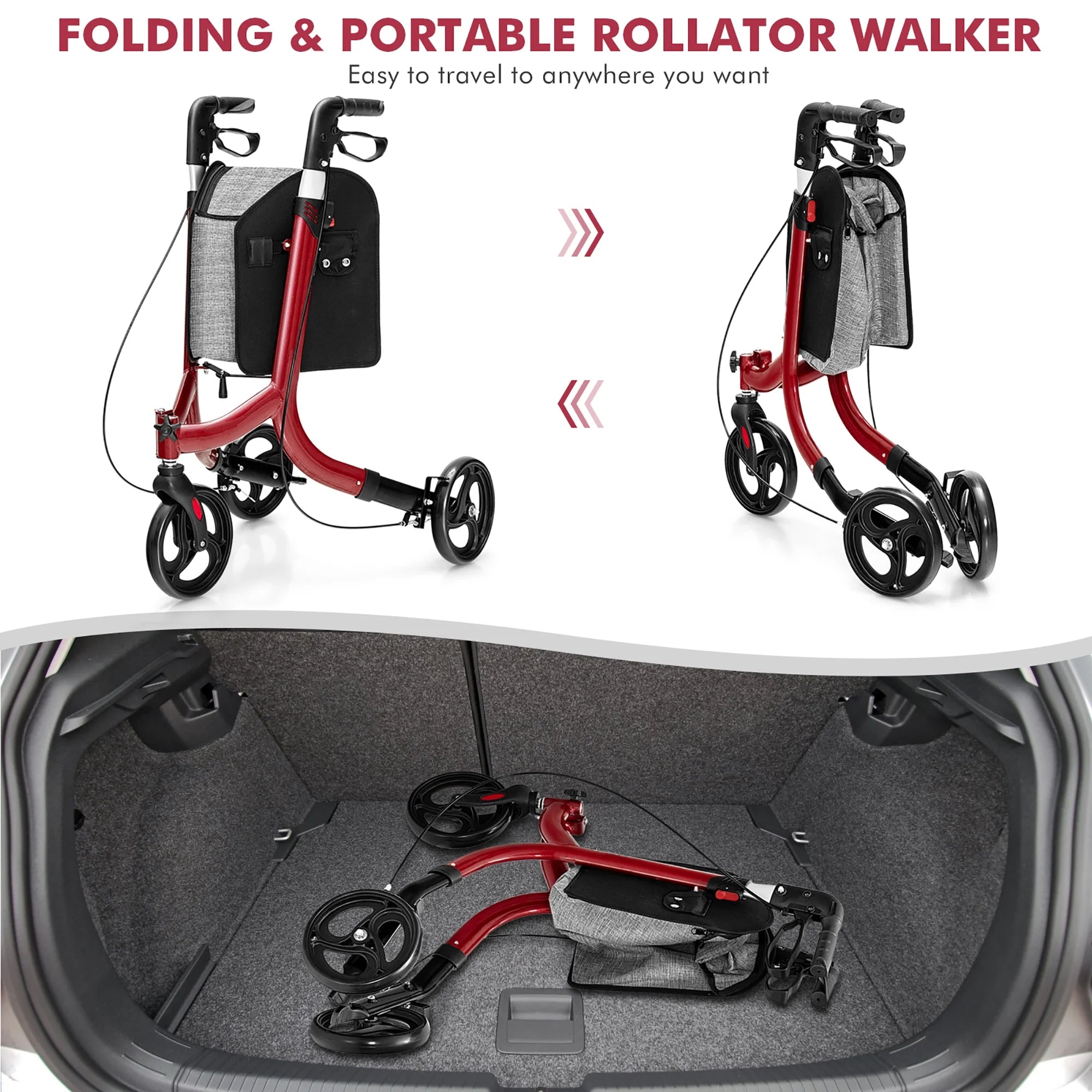 3-Wheel Rolling Walker Folding Rollator Walker with 8 Inch Wheels Red