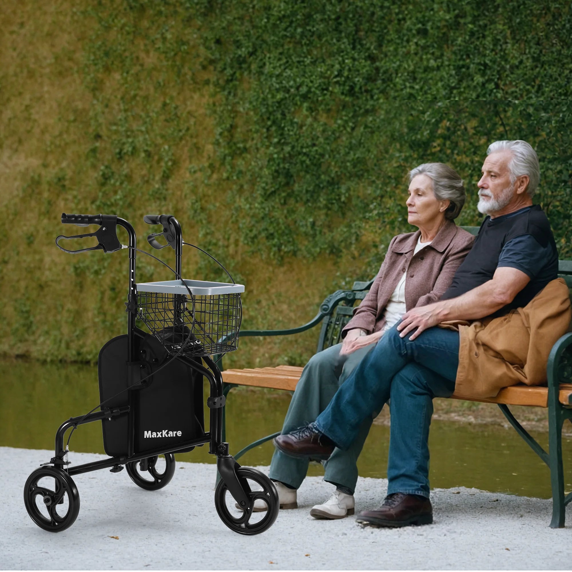 3-Wheel Rolling Walker for Seniors Foldable Rollator Walker with Basket & Tray, 300Lbs Weight Capacity, Height Adjustable, Black