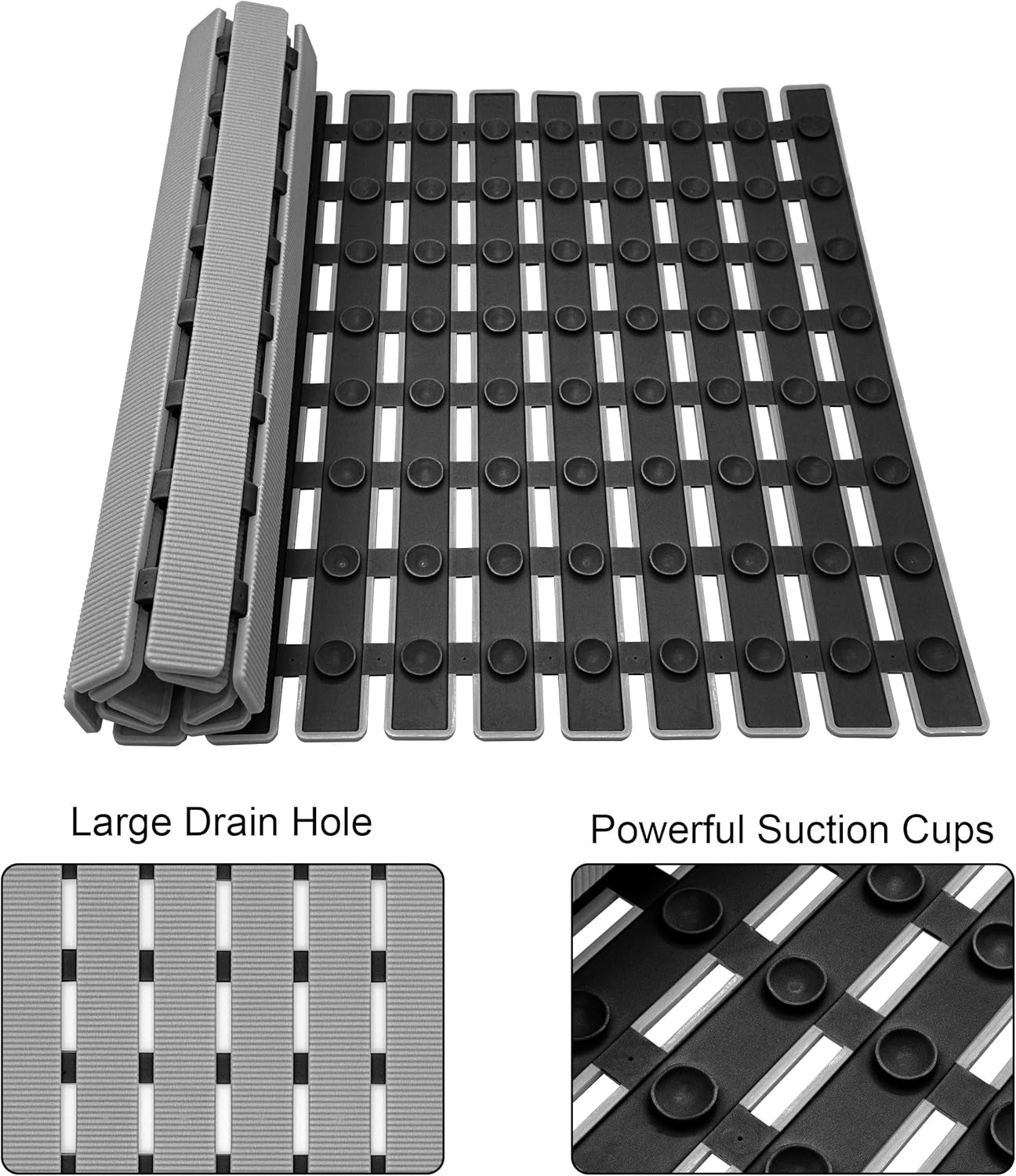 Bathtub Mat Non Slip, Shower Mat for inside Shower, Suction Cups Design and Drain Holes, 27.5 X 15.7 Inch, Bathroom Essentials Safe, Easy to DIY Cut, Soft and Eco-Friendly Materials