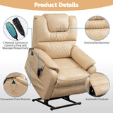 Oversized Power Lift Recliner Chair for Elderly, Large Lay Flat Dual Motor Single Sofa with Heat and Massage, PU Leather Recliner Chair for Living Room, 400LBS Weight Capacity, Beige Yellow