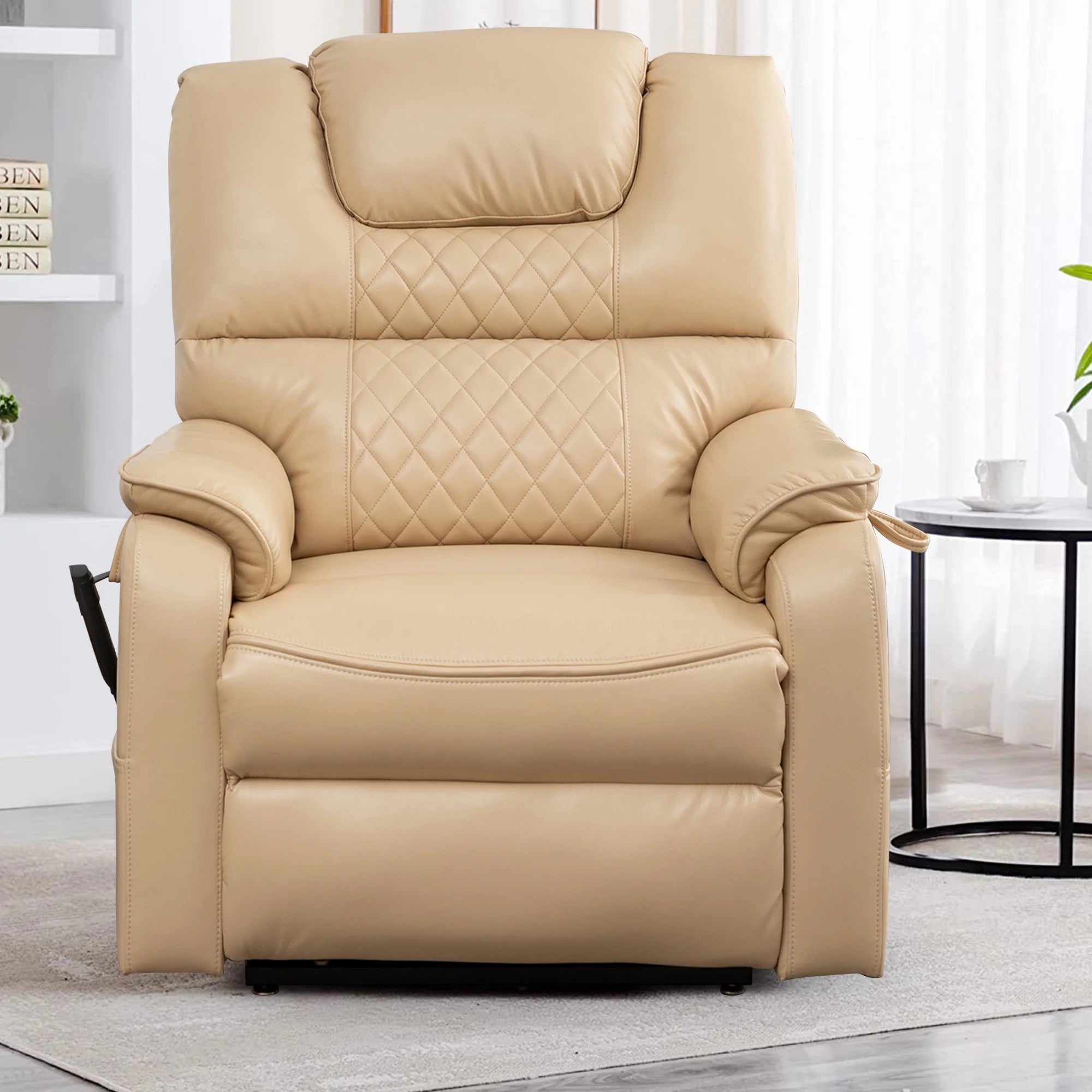 Oversized Power Lift Recliner Chair for Elderly, Large Lay Flat Dual Motor Single Sofa with Heat and Massage, PU Leather Recliner Chair for Living Room, 400LBS Weight Capacity, Beige Yellow
