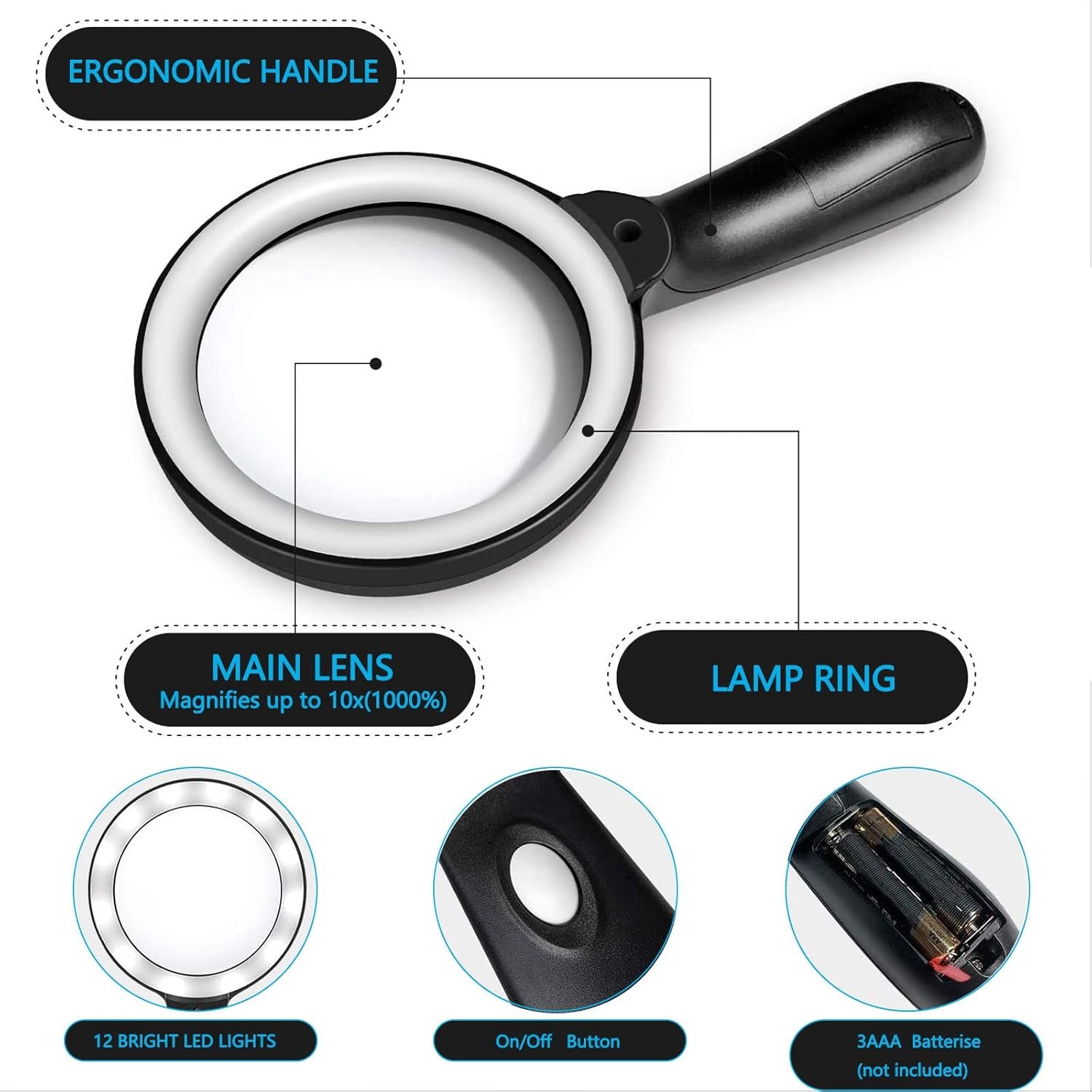 10X Magnifying Glass with 12 LED Lights - Large Lighted Magnifying Glass for Reading, Inspection, Coins, Jewelry, Exploring