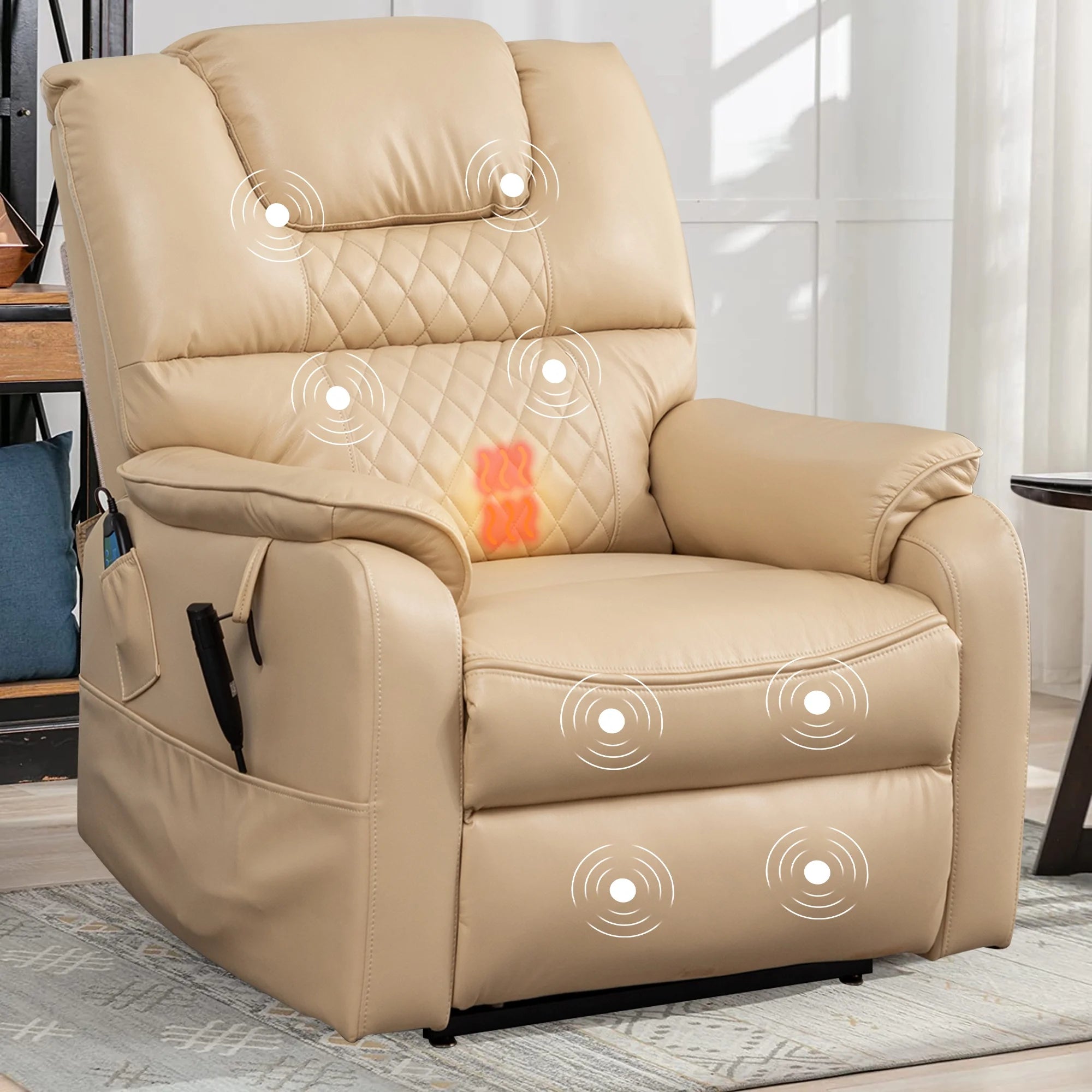 Oversized Power Lift Recliner Chair for Elderly, Large Lay Flat Dual Motor Single Sofa with Heat and Massage, PU Leather Recliner Chair for Living Room, 400LBS Weight Capacity, Beige Yellow